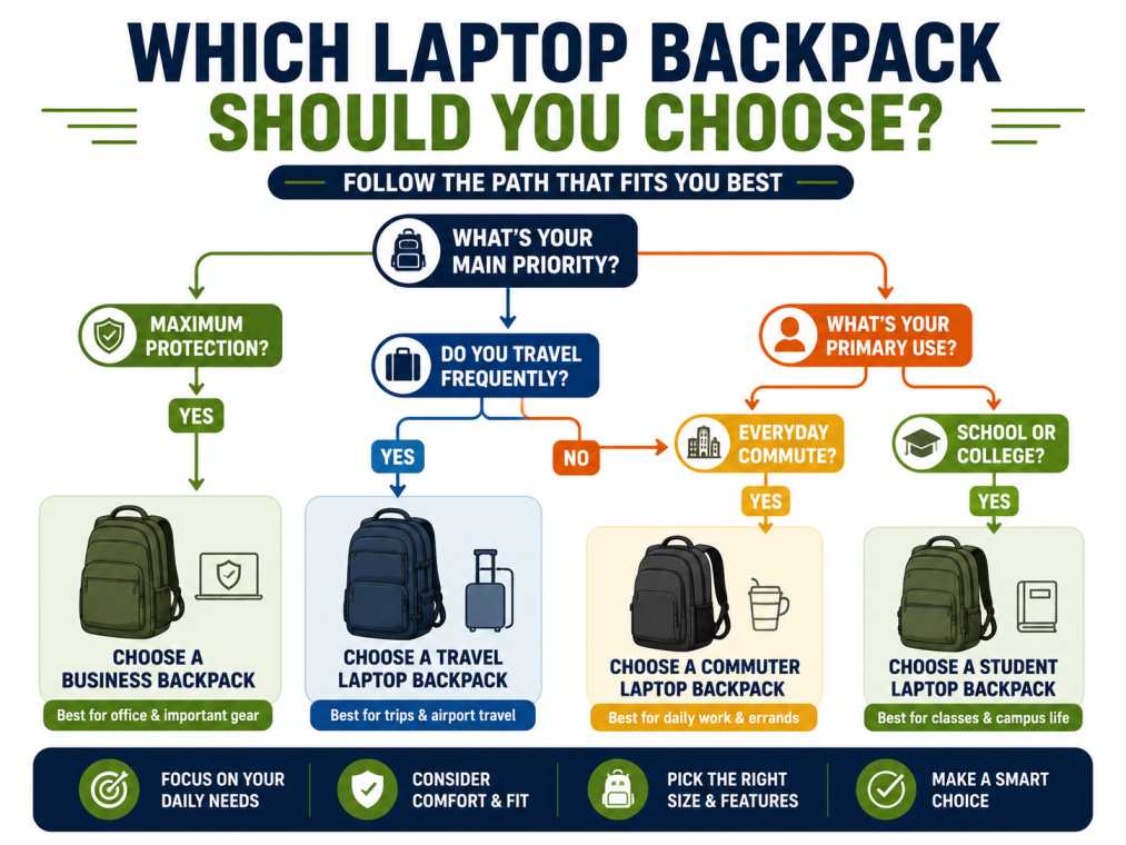 tree.webp Best laptop backpack decision tree helping buyers choose the right backpack based on laptop size, travel needs, daily commuting, work, or college use.