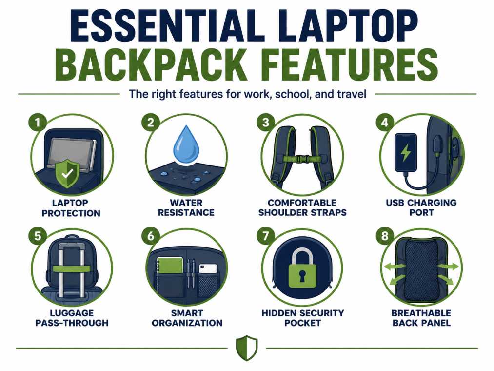 Best laptop backpack features infographic highlighting laptop protection, USB charging, comfortable straps, organized compartments, durable zippers, and travel-friendly design.
