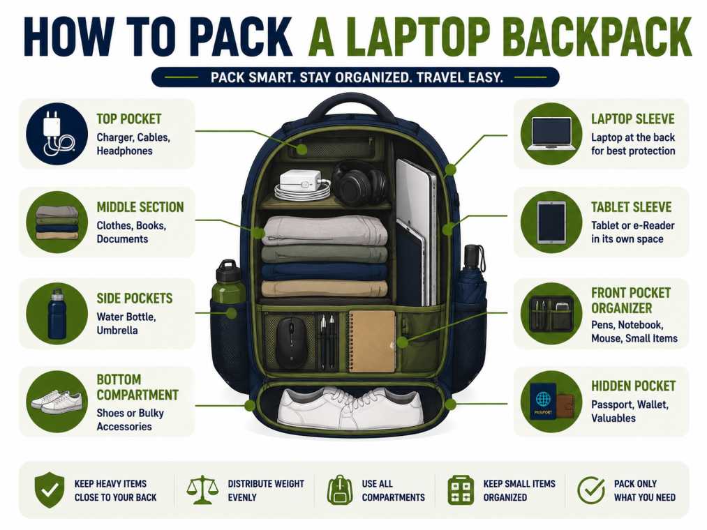 Step-by-step guide showing how to pack a laptop backpack efficiently with a laptop, charger, accessories, documents, clothing, and everyday essentials.