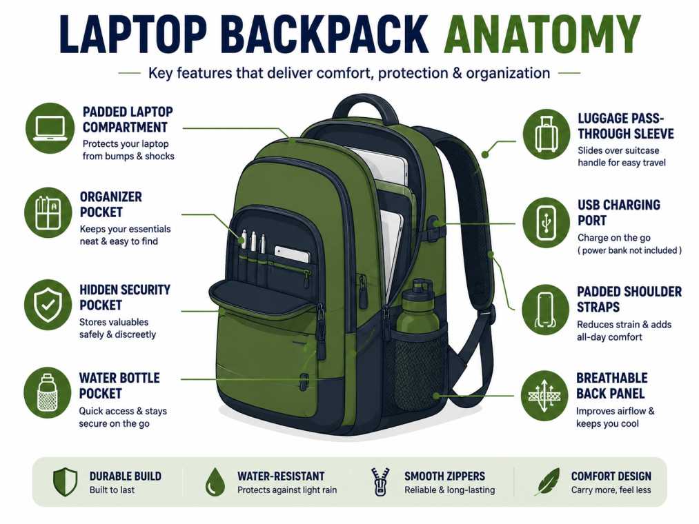 Laptop backpack anatomy showing the padded laptop compartment, organizer pockets, luggage sleeve, shoulder straps, and essential storage features.