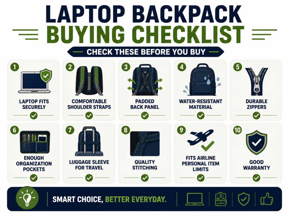 Laptop backpack buying checklist covering laptop size compatibility, comfort, storage, USB charging, durability, and everyday practicality.