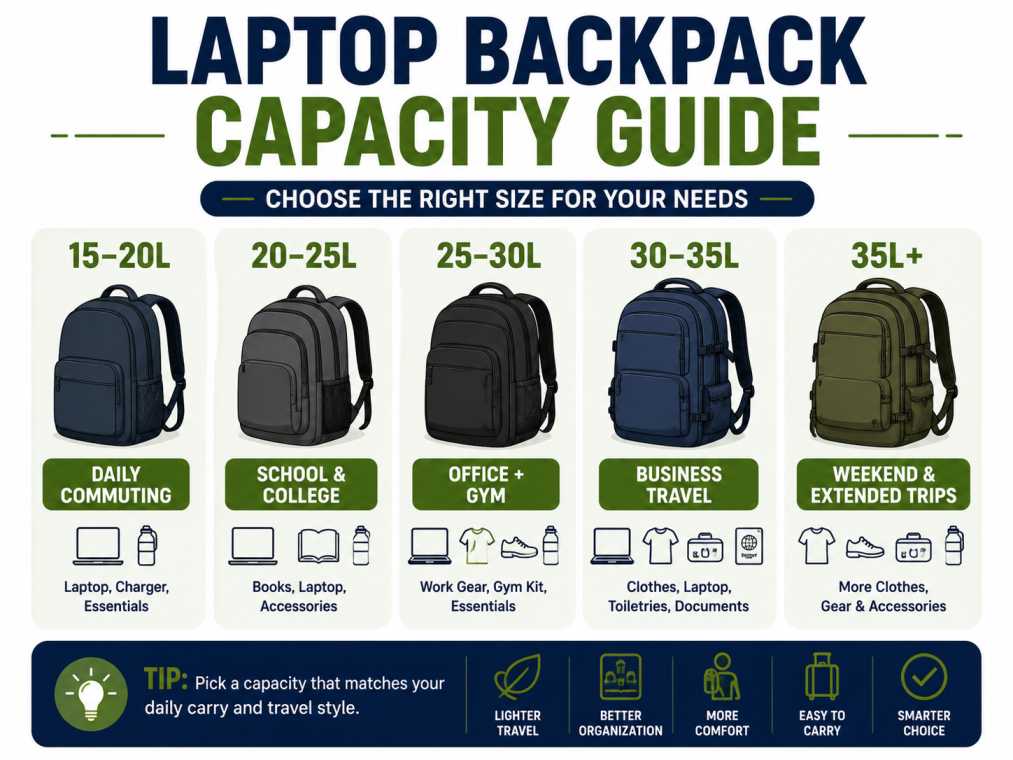 Laptop backpack capacity guide comparing 15L to 50L capacities for commuting, college, business, travel, and everyday use.