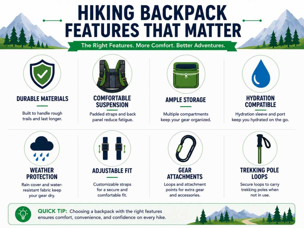 Illustration of key hiking backpack features including rain cover, hip belt, compression straps, hydration compatibility, and trekking pole loops.
